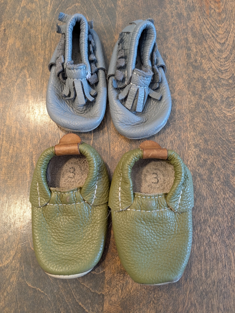 Baby Leather Moccasins in Olive Green and Gray - Soft Slip-On Infant Slippers 3